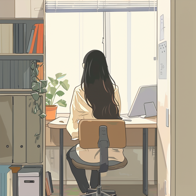 rhelou_young_woman_with_long_dark_hair_sitting_in_her_psycholog_4d21e564-c5d8-4ab8-89bc-6286f0050a47 Image of a young woman psychologist sitting in her office at the desk with a gift plant next to her